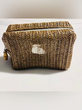 NWOT Patriotic Embroidered Eagle Woven Straw Zippered Top Cosmetic Travel Pouch